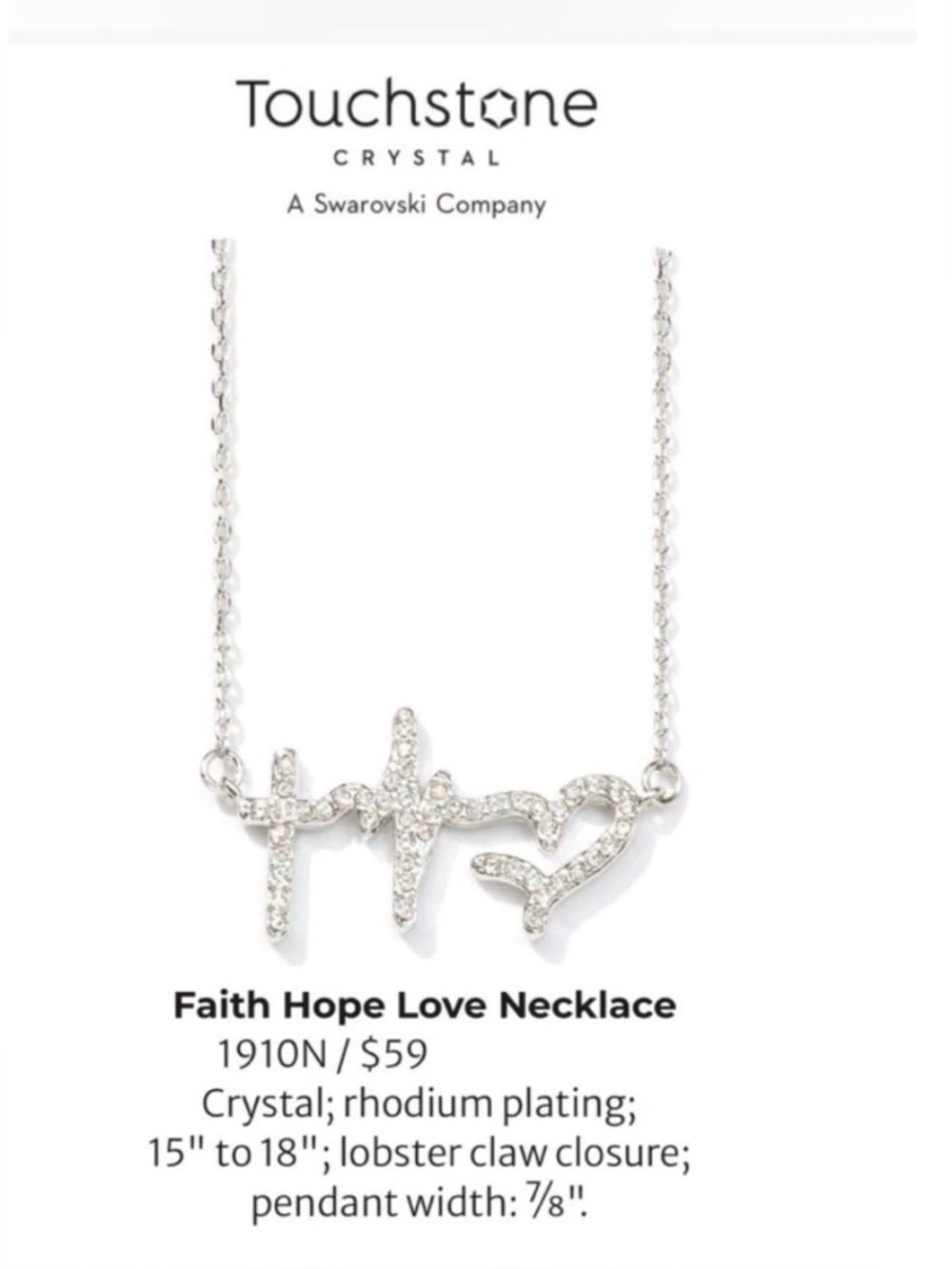 TSC Swarovski Faith Hope Love Necklace Silver $59 Retail Value BNIB